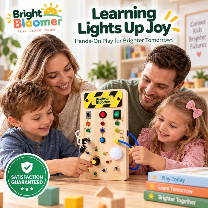 Family playtime with the Montessori Busy Light Switch Board, Learning Lights Up Joy