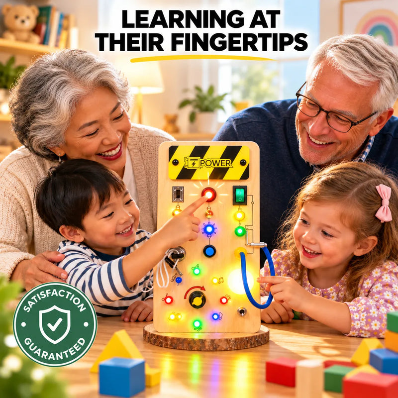 Grandma and Grandpa smiling as the kids flip switches on the Montessori Busy Light Switch Board