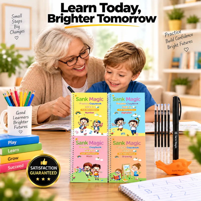 Grandma helping her grandson trace letters in the Magic Copybook