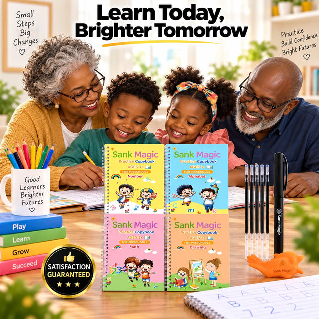 Grandparents and grandchildren learning together with the Magic Copybook practice books