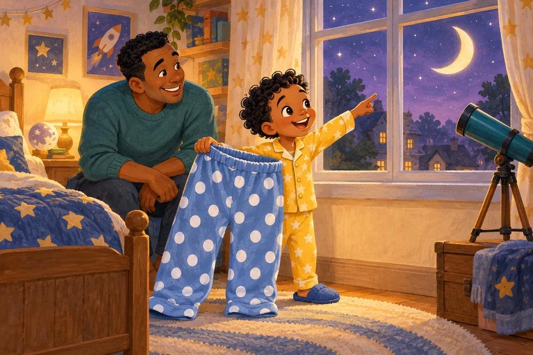 Milo points at a crescent moon through his bedroom window holding a comically huge pair of polka dot pajama trousers while Dad smiles