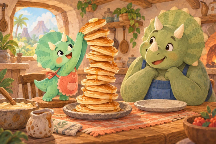 Dottie stacks soft pancakes into a comically leaning tower at kitchen table while Grandpa smiles beside a safe cool plate
