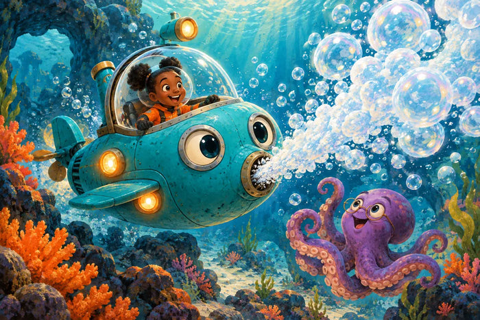 Nia pilots Bloop the cute turquoise submarine beneath sea, a giant comical burst of bubbles erupts from its front vent