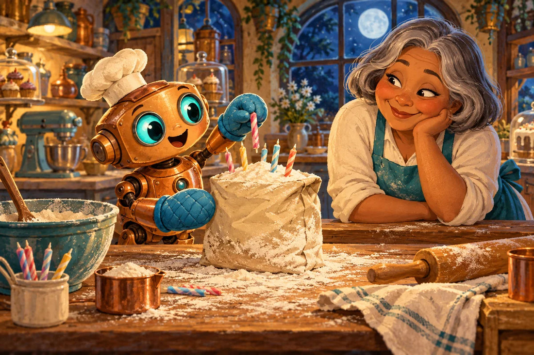Bolt puts birthday candles on a bag of flour on a bakery table while Aunt Maple looks amused, no lit flames