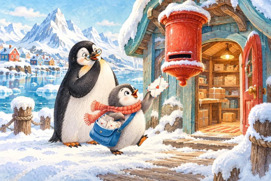 Pippa carries envelopes in a blue bag at a tiny polar post office with its mailbox upside down