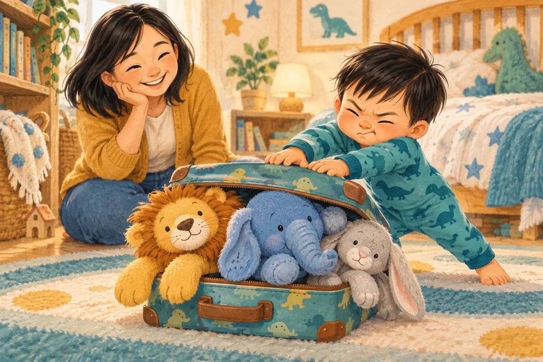 Arlo tries to close a small suitcase overflowing with large soft animal toys