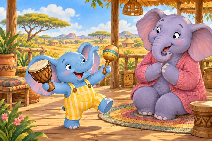 Ollie exuberantly holds wooden drum and shaker on a music porch, ears lifted comically