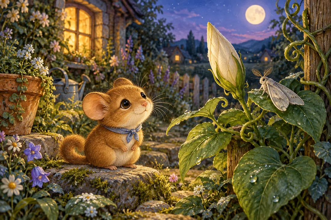 Pip and a silver moth beside a closed moonflower in a moonlit garden