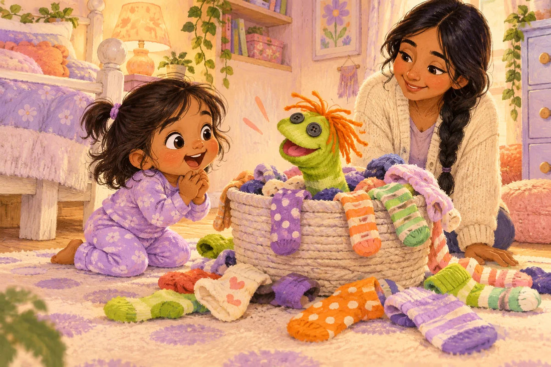 Zara and Mama laugh with a green sock puppet beside a basket of colorful socks