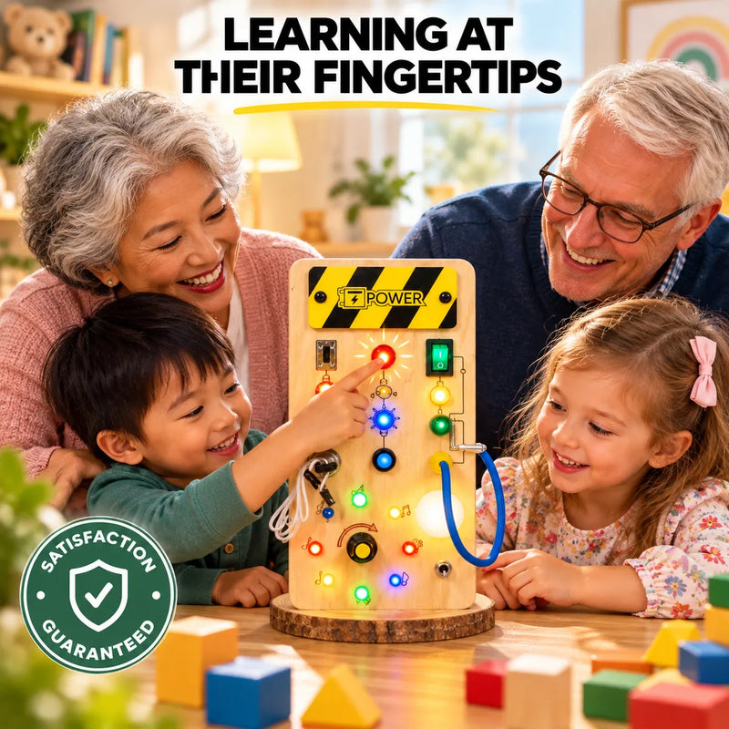 Grandma and Grandpa playing with grandchildren on the Montessori Busy Light Switch Board