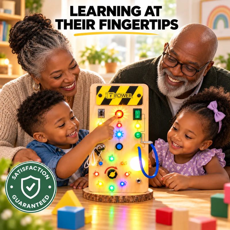 Grandparents and grandkids pressing the buttons on the Montessori Busy Light Switch Board