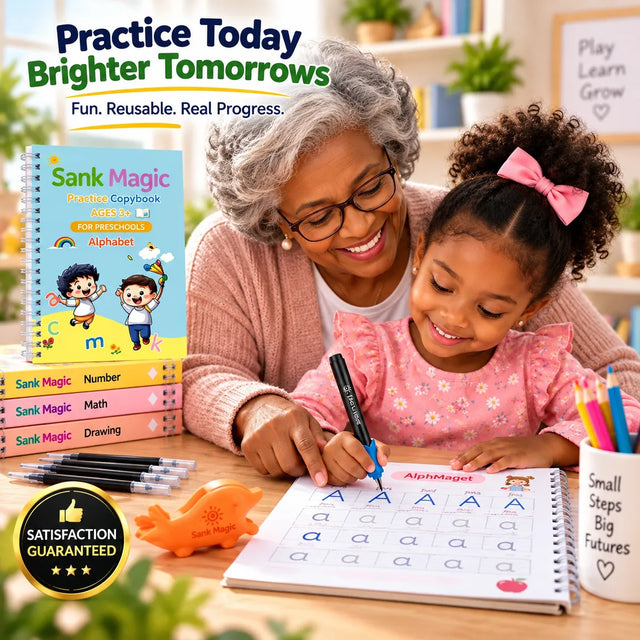 Grandma watching her granddaughter practice the alphabet in the reusable Magic Copybook