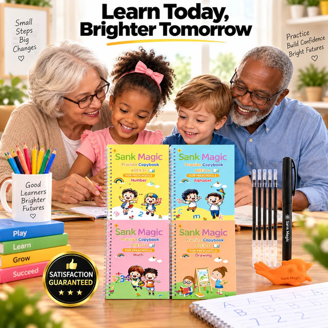 Grandma and Grandpa practicing letters with their grandkids using the Magic Copybook set