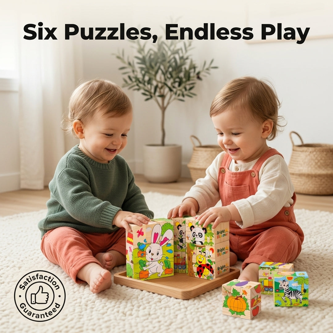 Wooden Cube Puzzle - six puzzles endless play, two toddlers