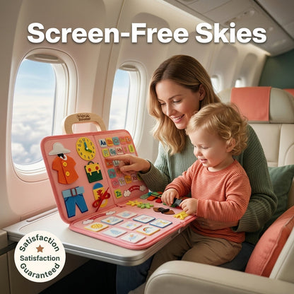 Travel Busy Board - screen-free skies, mom and toddler on a flight