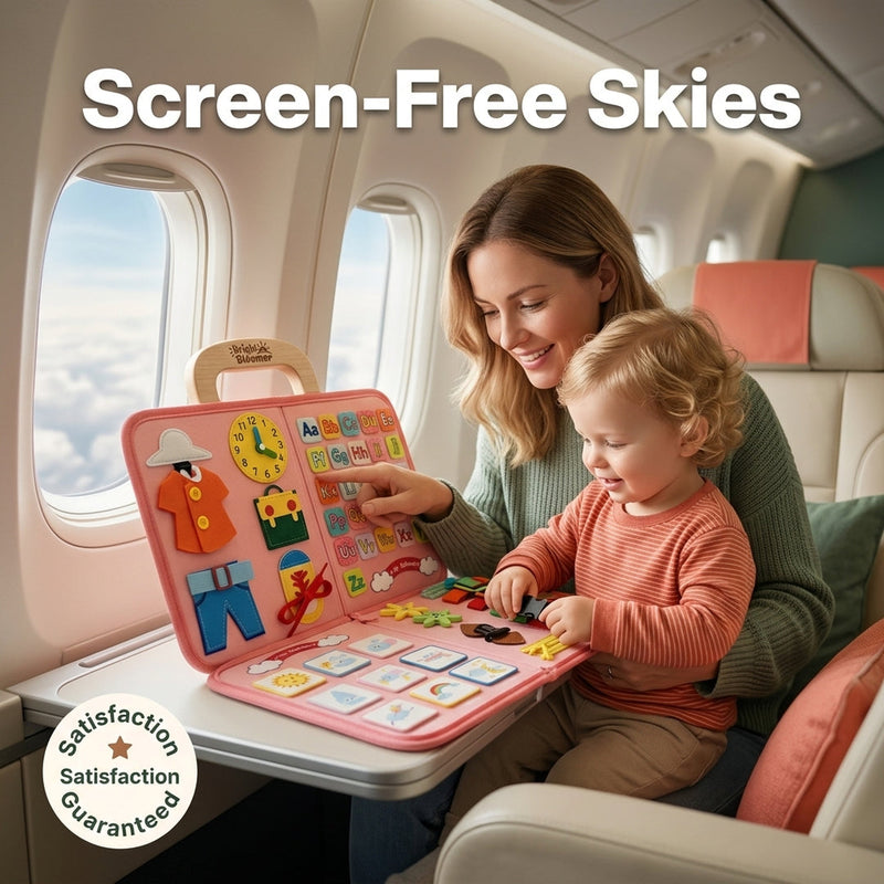 Travel Busy Board - screen-free skies, mom and toddler on a flight