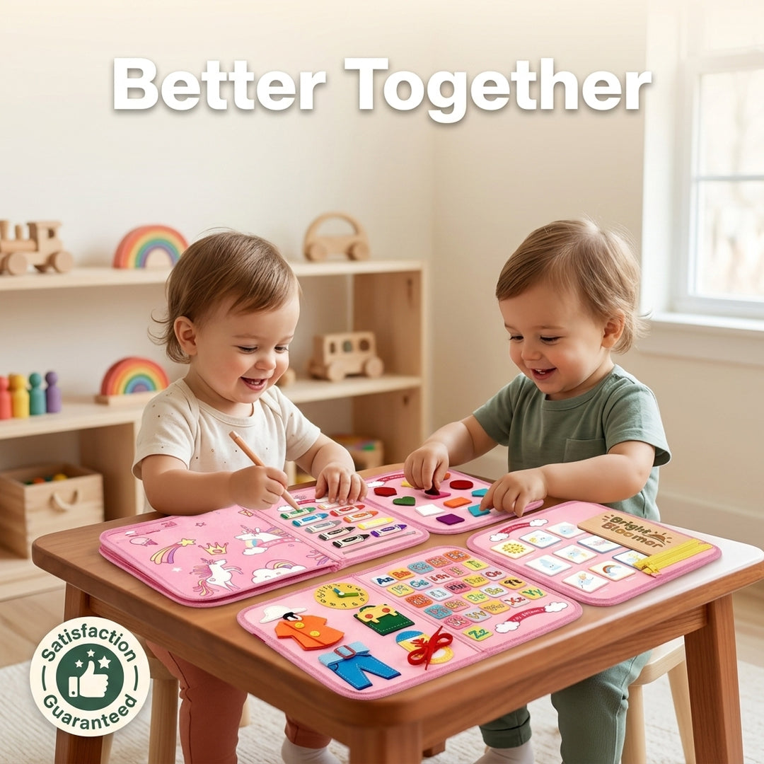 Travel Busy Board - two toddlers playing at home